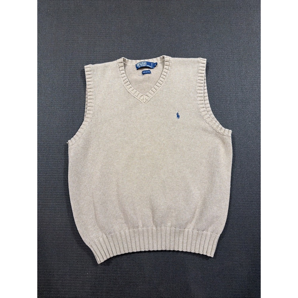 Polo Ralph Lauren Sweater Vest Men's Large Tan 100% Cotton V-Neck Pony Classic